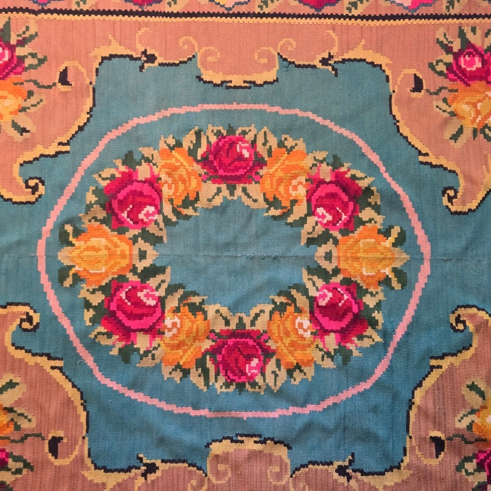 Vintage Handwoven Kilim Rug Floral Medallion Turquoise Tan Boho Flatweave Fringe - Picture 3 of 16